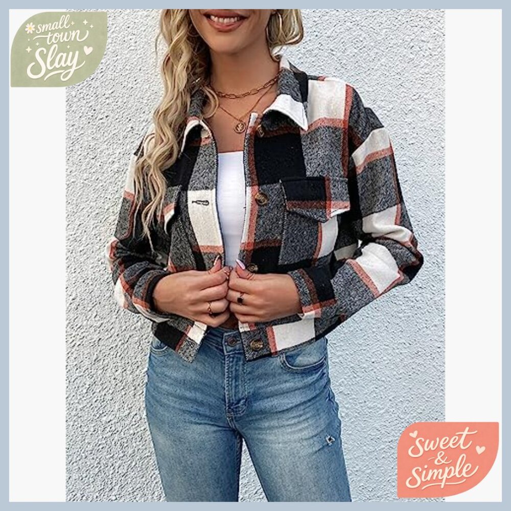 Flannel Cropped Plaid Shacket Jacket Button Down … - image 2